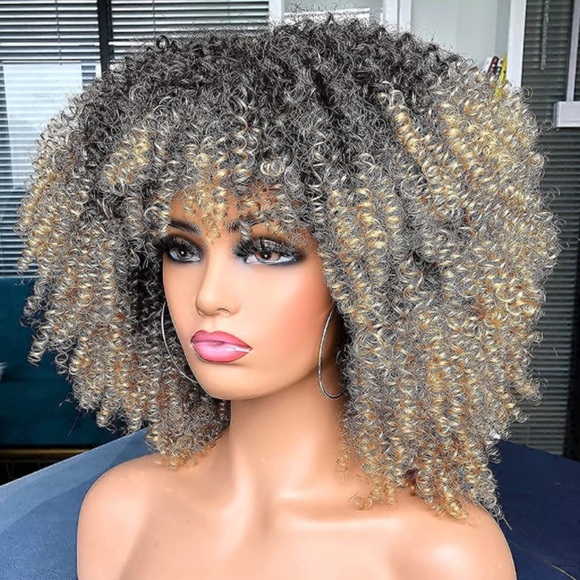 Short Kinky Curly Afro Wig -Brown Mixed Blonde - Picture 1 of 3